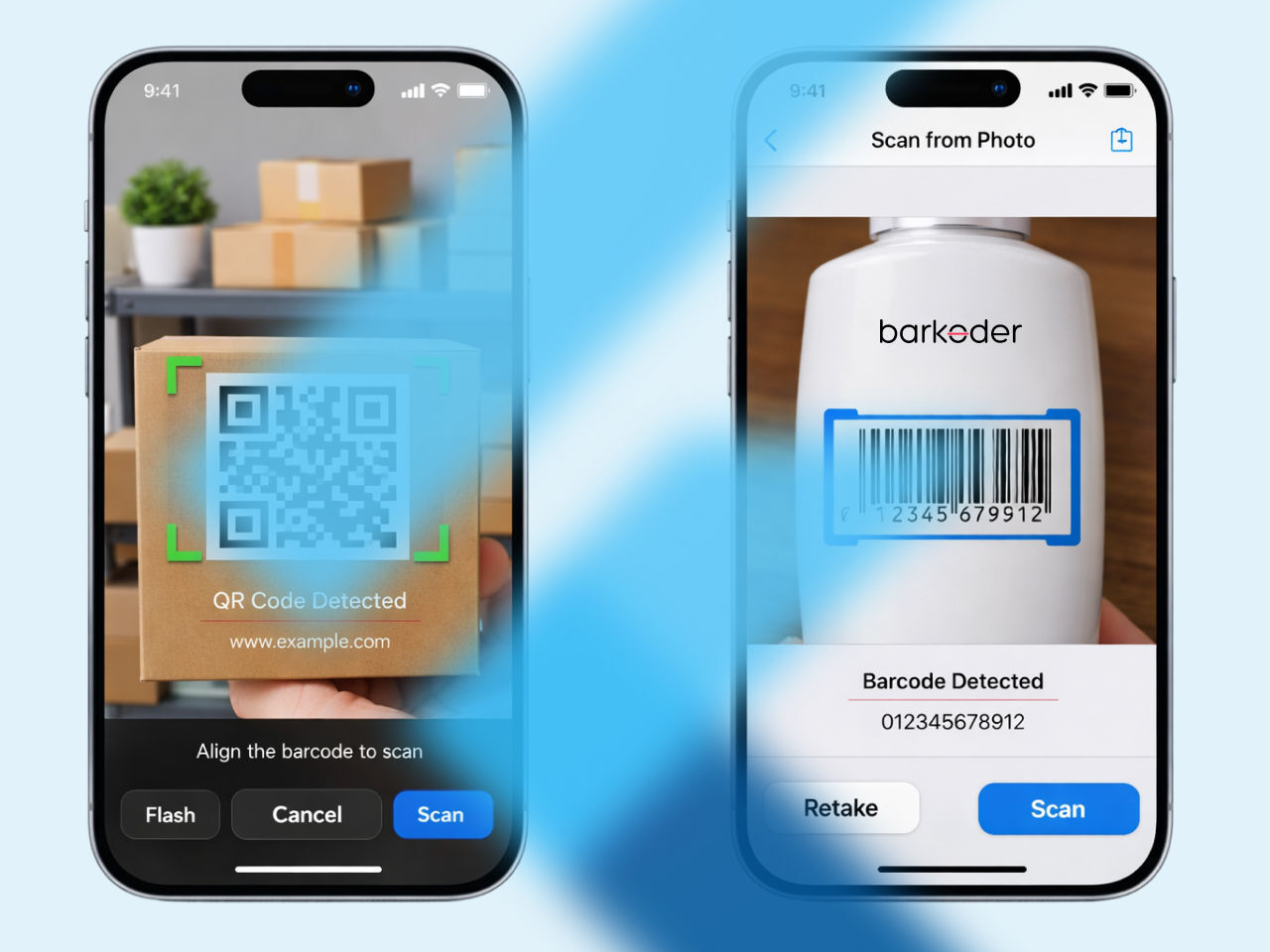 Side-by-side demonstration of the barKoder Flutter SDK app. The left screen shows a real-time QR code detection on a package, and the right screen shows the 'Scan from Photo' feature successfully decoding a 1D barcode from a gallery image.