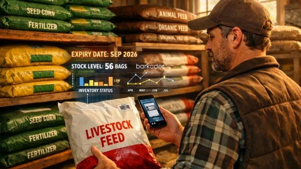 Farmer using a smartphone with barKoder to scan livestock feed barcode, displaying inventory data, stock levels, and expiration date in an agricultural warehouse.