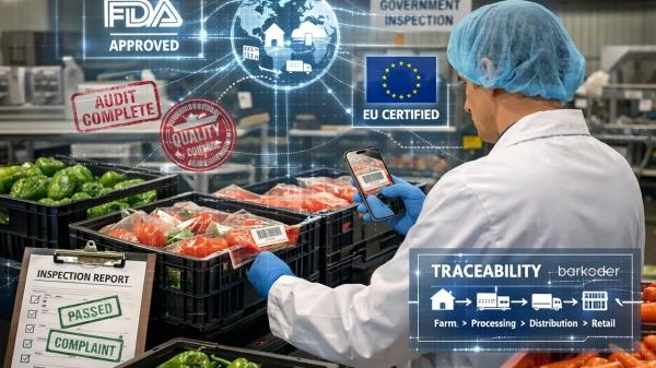 Food safety inspector scanning produce barcodes with a mobile device using barKoder to verify traceability, regulatory compliance, and supply chain inspection status.