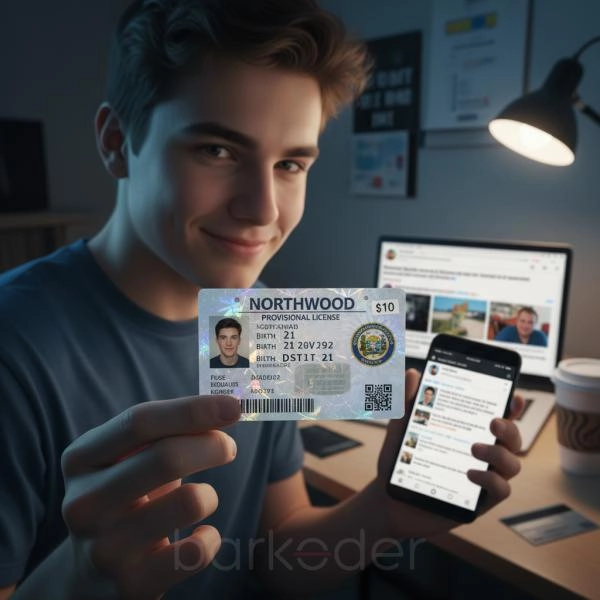 teenager holding a realistic fake id card