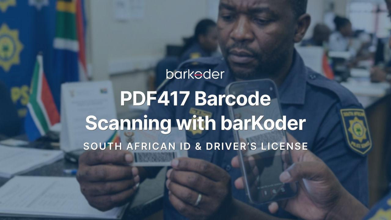 Police officer scanning a South African ID card barcode with a smartphone using barKoder, illustrating PDF417 barcode scanning for ID and driver’s l