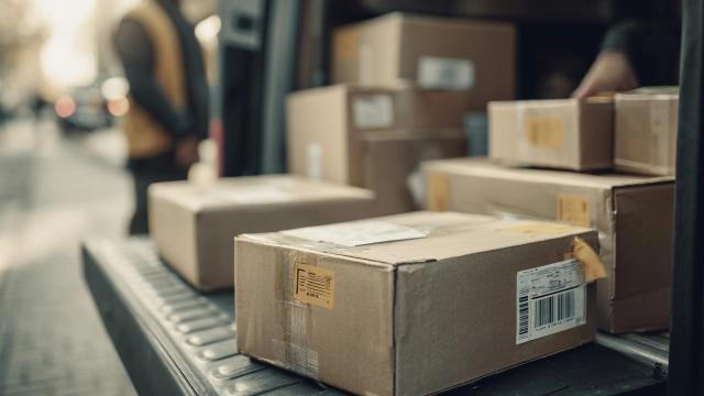 Boxes with barcodes loaded into a van