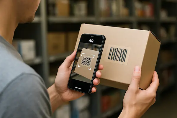 A person scanning a box with AR mode on