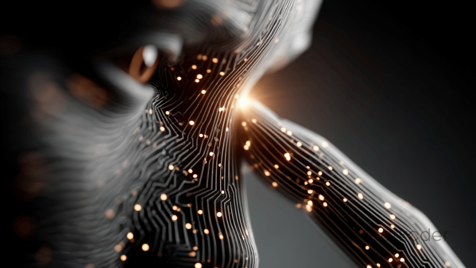 Abstract glowing circuit representation of a human form symbolizing connected intelligence.