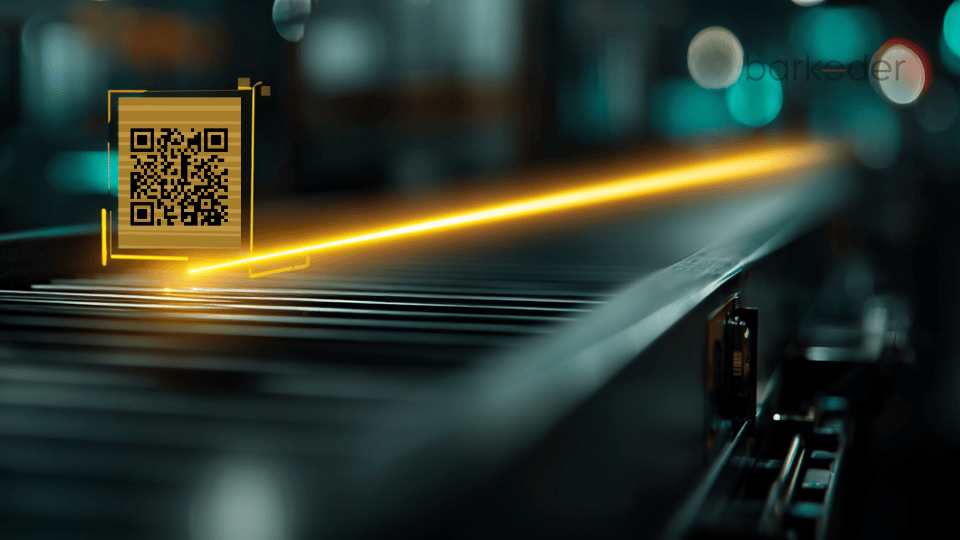 QR code scanned by a laser on a moving conveyor system.