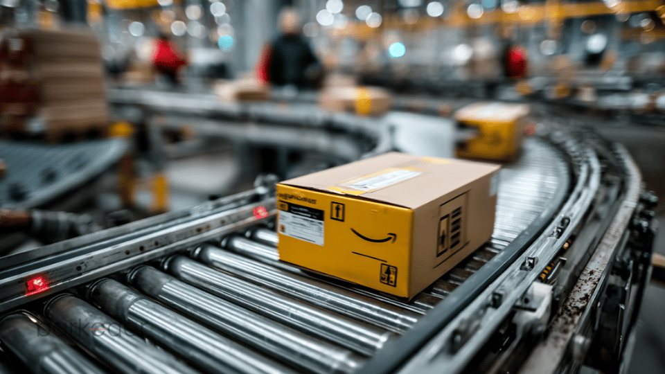 Parcel moving on a conveyor belt in a warehouse illustrating automated sorting.