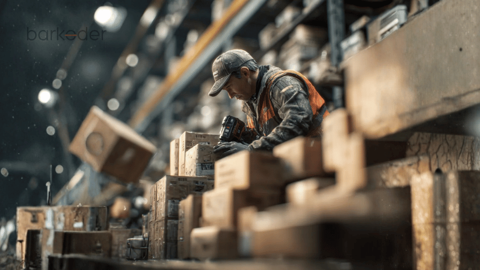 Warehouse worker using an old handheld scanner while sorting and scanning boxes.