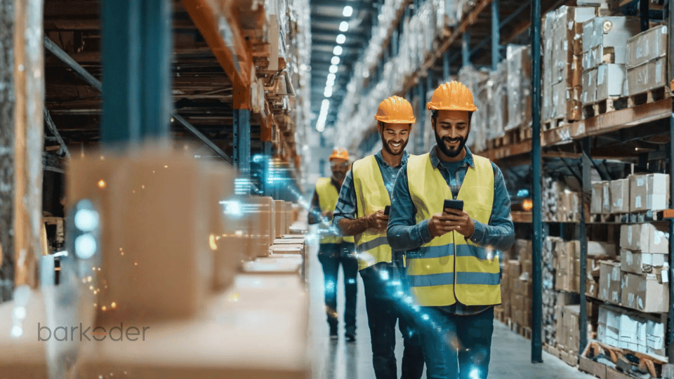 Warehouse workers using smartphones to manage and scan inventory.