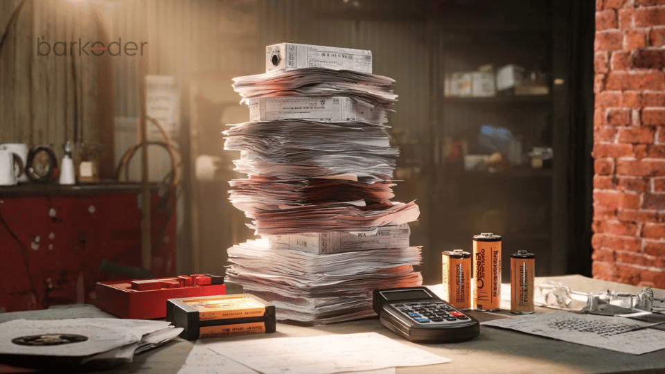 Large stack of warehouse paperwork next to old scanner batteries and accessories.