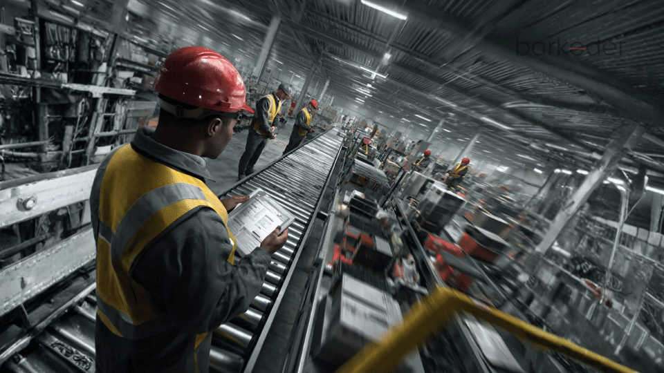 Warehouse workers in safety gear monitoring and handling packages on a moving conveyor line.